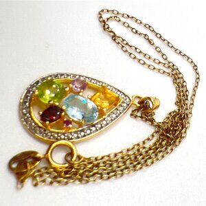 Vermeil Teardrop 18" Necklace Multi Gemstones‎ & CZs Signed DBJ 925 Dee Berkley